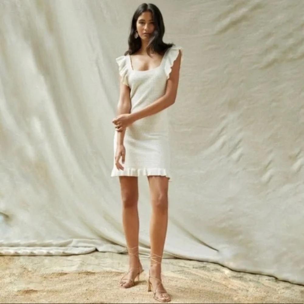 House of Harlow 1960 Cream Ruffle-Trim Knit Mini Dress